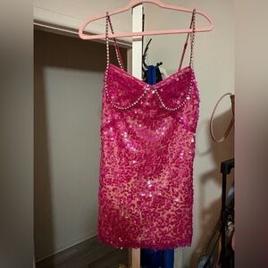 Pink Sequin Dress with rhinestone Straps